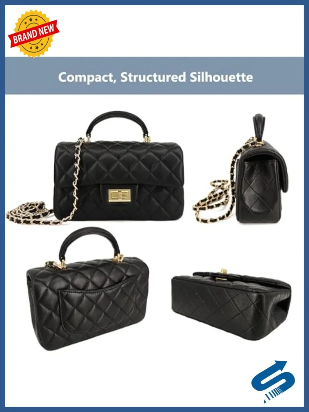 Small Quilted Crossbody Bag with Gold Chain Strap & Top Handle